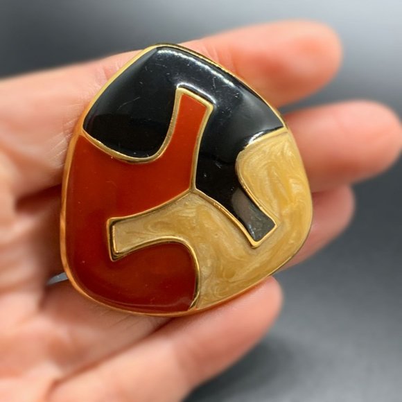 Signed Monet Vintage 1984 Gold Tone Red Black Yellow Enamel Brooch Earrings - Picture 2 of 10